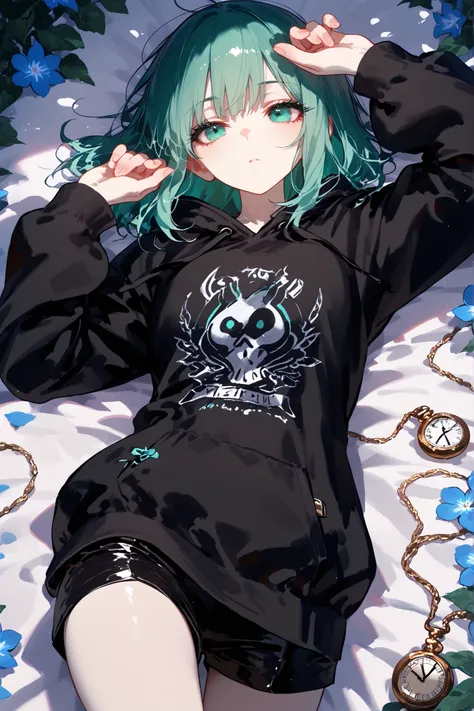 super detail, masterpiece, best quality, high resolution, beautiful, perfect hands, Anime girl female medium hair mint-green hair and mint-green eyes, Pale skin with matching pale eyelashes(black), Her eyes are accentuated by elegant black eyelashes that s...