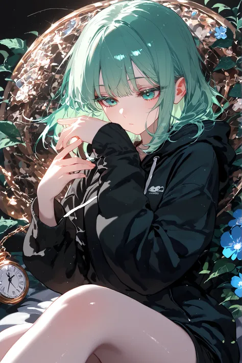 super detail, masterpiece, best quality, high resolution, beautiful, perfect hands, Anime girl female medium hair mint-green hair and mint-green eyes, Pale skin with matching pale eyelashes(black), Her eyes are accentuated by elegant black eyelashes that s...