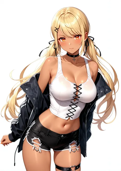solo,masterpiece,best quality, masterpiece, Super detailed,High resolution,Extremely detailed CG,QpiCos1 dark skinned female, orange eyes, blonde hair, long hair, low twintail, hair ribbon, hairclip, choker, white shirt, midriff, black shorts, thigh strap,...