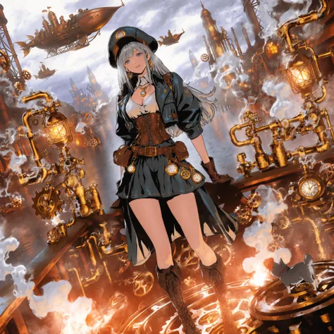standing on a machine,long hair,slightly random hairstyle,Hair color is silver,A color reminiscent of metal,girl,decorated with metal parts,lens part is amber,Gears and small pipes,cropped cap,leather corset、Best、short jacket,The shirt is a puff sleeve,bel...