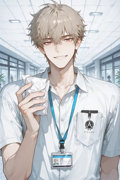 handsome young man, male, about 22 years old, light brown hair, slightly messy hairstyle, slightly thin eyebrows, Japanese college student, wearing plain white polo shirt without any patterns or logos, neck strap with ID card, no choker, no necklace, no ac...