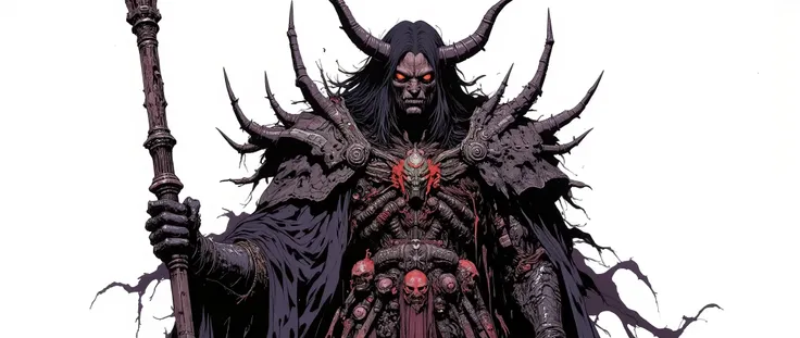 Masterpiece, latest, very aesthetic. A Demon Lord of darkness, he has huge horns that adorn his head, black horns, he has locks of hair, he is 5 meters tall, he wears armor with huge and disproportionate shoulders, he is very strong and has huge claws, gor...