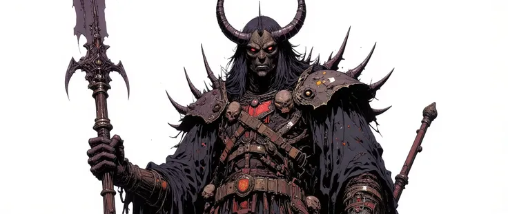 Masterpiece, latest, very aesthetic. A Demon Lord of darkness, he has huge horns that adorn his head, black horns, he has locks of hair, he is 5 meters tall, he wears armor with huge and disproportionate shoulders, he is very strong and has huge claws, gor...
