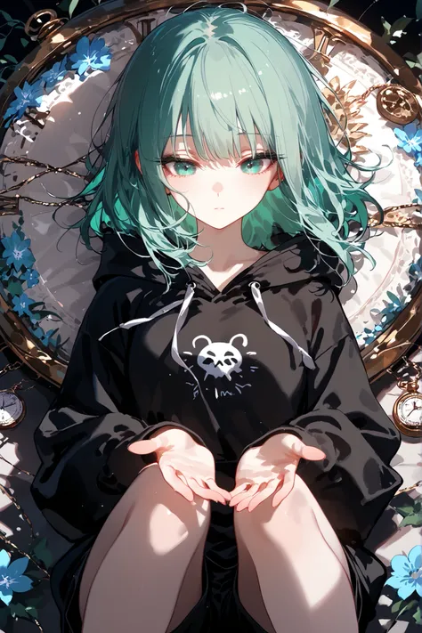 super detail, masterpiece, best quality, high resolution, beautiful, perfect hands, Anime girl female medium hair mint-green hair and mint-green eyes, Pale skin with matching pale eyelashes(black), Her eyes are accentuated by elegant black eyelashes that s...