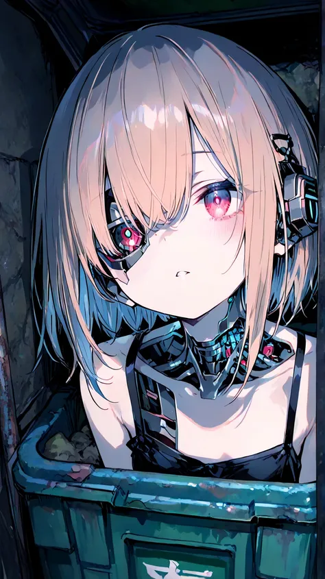 748cmstyle,half_cyborg_face,(masterpiece:1.2, top quality), (beautiful detailed eyes: 1.2), ((1 Beautiful Girl)),  (beautiful background:1.2), (Highly Detailed CG, Super Detailed),(Extremely Detailed and Beautiful:1.1), (Perfect Details:1.1),A cute humanoid android discarded in a garbage dump,