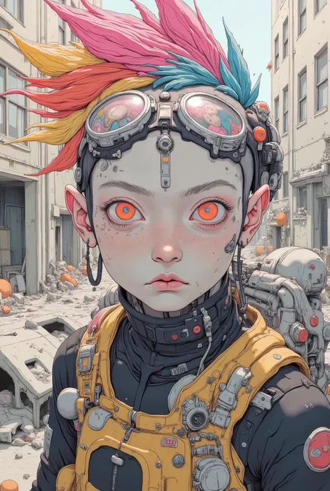 Post apocalyptic steampunk girl rainbow colored shaved Mohawk goggles in cool pose、
