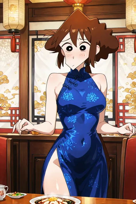 NSFW, Masterpiece, best quality, high resolution, very detailed, lora: misae nohara, dark brown hair、China blue dress, sleeveless,Chinese restaurant, (medium breasts)   inner thighs focus 