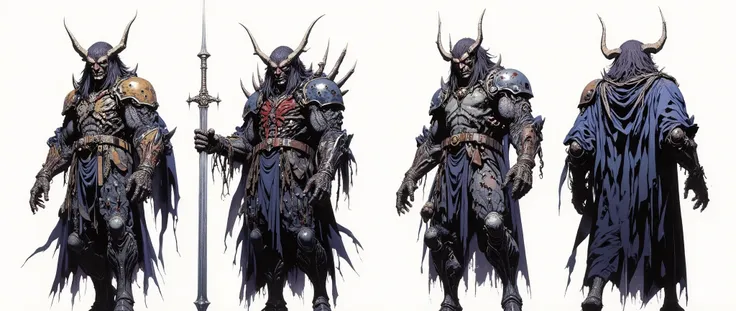 Masterpiece, latest, very aesthetic. A Demon Lord of darkness, he has huge horns that adorn his head, black horns, he has locks of hair, he is 5 meters tall, he wears armor with huge and disproportionate shoulders, he is very strong and has huge claws, gor...