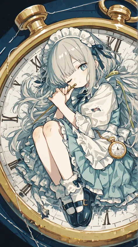 Beautiful mannequin,Simple joint design at elbows and knees，[One eye twinkle；button眼睛，Use thread][ damaged 、to recycle old fabric、button，anime style,Wearing a tiny little、Rusty pocket watch，but the pointer has stopped， long-haired girl ，Glass doll，Wool lin...