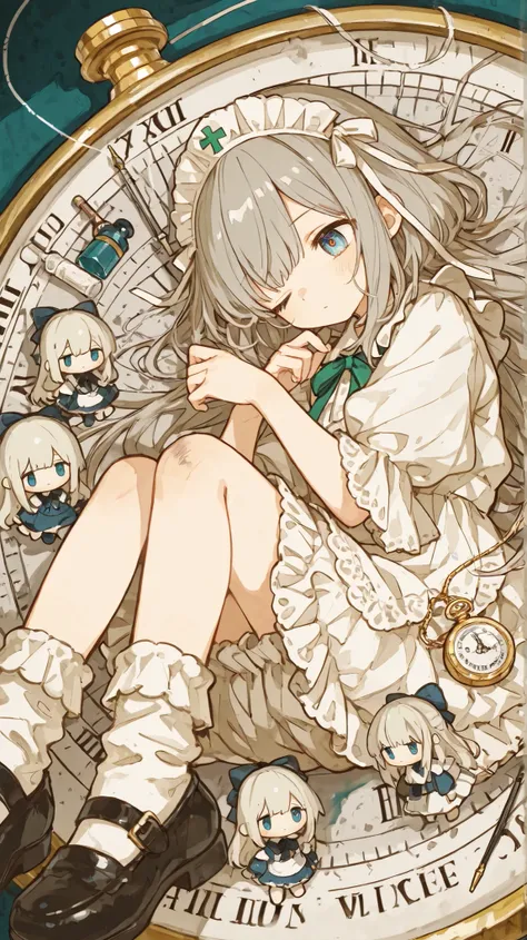 Beautiful mannequin,Simple joint design at elbows and knees，[One eye twinkle；button眼睛，Use thread][ damaged 、to recycle old fabric、button，anime style,Wearing a tiny little、Rusty pocket watch，but the pointer has stopped， long-haired girl ，Glass doll，Wool lin...