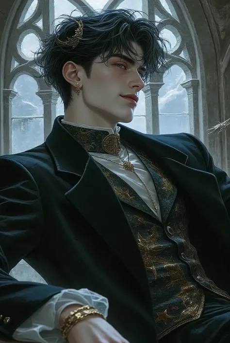 A seductive dark-haired man, around 23 years old, with tousled black waves and piercing grey eyes, posing in an extreme foreshortened angle from below. The view starts from his legs, emphasizing his strong thighs, narrow waist, and broad shoulders as he le...