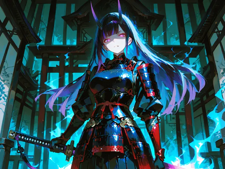Refined Realistic Style（0.8）, Master Level, EXTREME DETAILS ,professional grade post-treatment,Masterpiece,anime style（1.2）,best quality,high resolution,8K,"Ghost Girl, Shogun Style

Appearance:

Long black wolf-cut hair with multi-colored streaks (e.g., n...