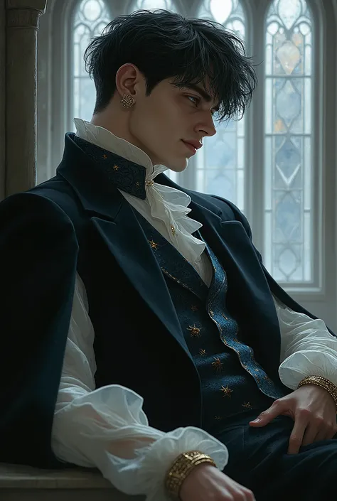A seductive dark-haired man, around 23 years old, with tousled black waves and piercing grey eyes, posing in an extreme foreshortened angle from below. The view starts from his legs, emphasizing his strong thighs, narrow waist, and broad shoulders as he le...
