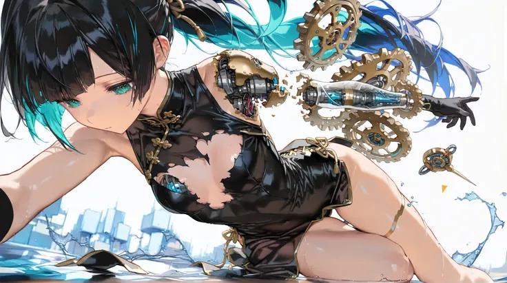 (A broken and fallen Automata)A broken female android has been thrown away, delicate mechanical features, circuit, damaged gears are scattered, clothes are torn and damaged, mechanical parts and clockwork scattered on the ground, Water traditional media, O...