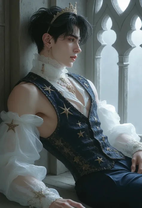 A seductive dark-haired man, around 23 years old, with tousled black hair and piercing golden-hazel eyes, posing in an extreme foreshortened angle from below. The view starts from his legs, emphasizing his strong thighs, narrow waist, and broad shoulders a...