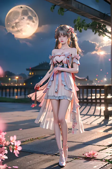 jinhsi,jinhsi \(peach blossom\) \(wuthering waves\),(clothes:peach blossom pink dress,alternate costume,bare shoulders:1.2),flower-shaped pupils,1girl,hair ornament,hair flower,twintails,bangs,jewelry,very long hair,, ,,((full body, from below)), (masterpi...