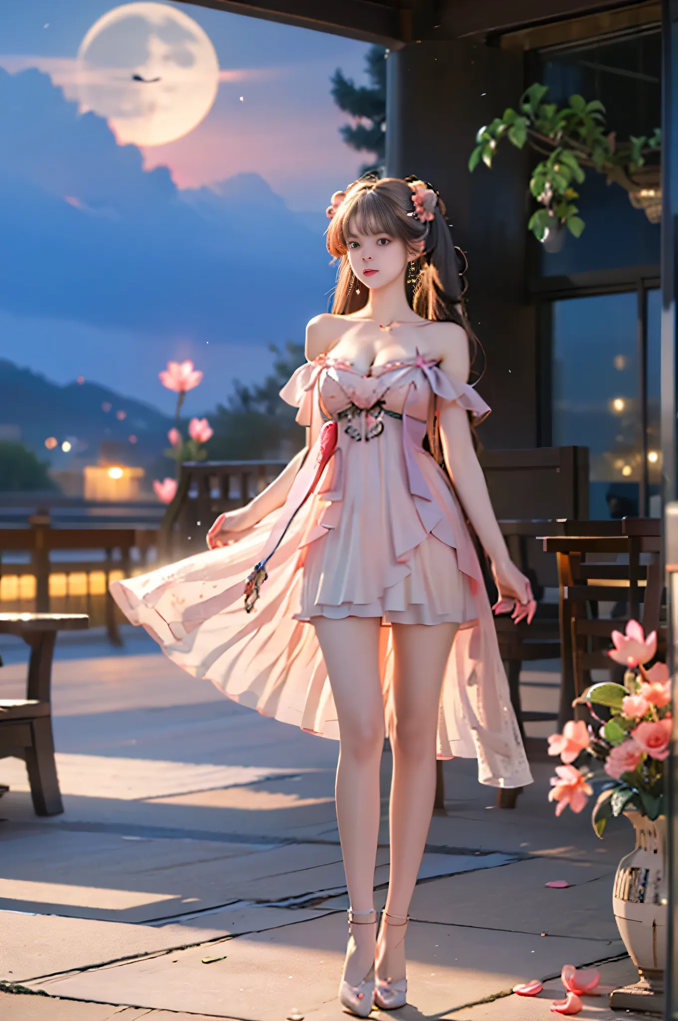 jinhsi,jinhsi \(peach blossom\) \(wuthering waves\),(clothes:peach blossom pink dress,alternate costume,bare shoulders:1.2),flower-shaped pupils,1girl,hair ornament,hair flower,twintails,bangs,jewelry,very long hair,, ,,((full body, from below)), (masterpi...