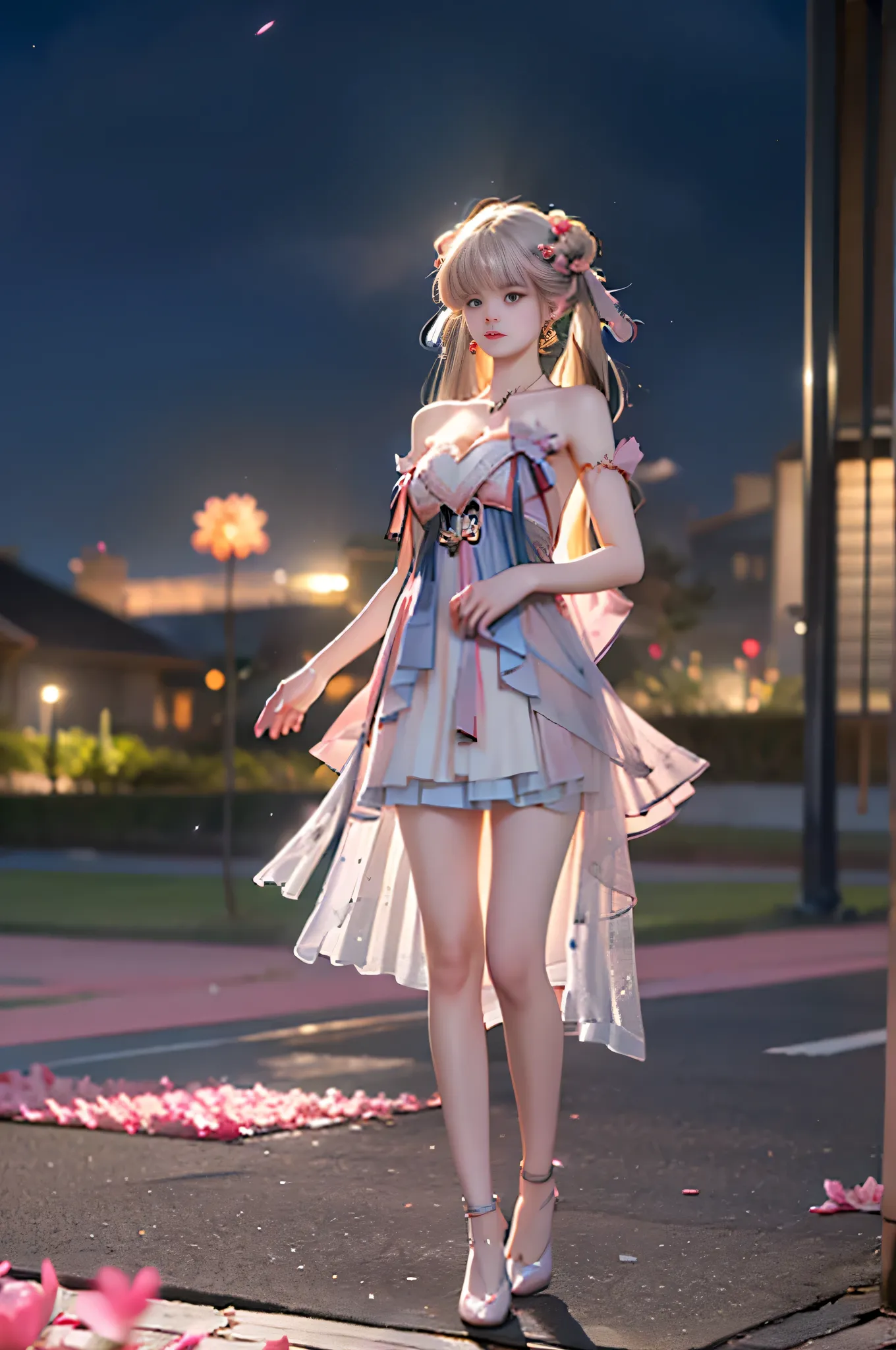 jinhsi,jinhsi \(peach blossom\) \(wuthering waves\),(clothes:peach blossom pink dress,alternate costume,bare shoulders:1.2),flower-shaped pupils,1girl,hair ornament,hair flower,twintails,bangs,jewelry,very long hair,, ,,((full body, from below)), (masterpi...