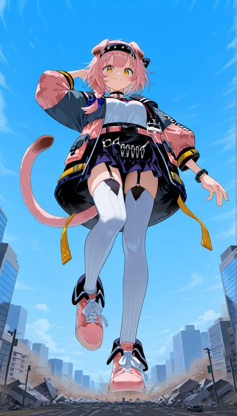 score_9_up, score_8_up, score_7_up, goldenglow_\(arknights\), yellow eyes, pink hair, floppy ears, black hairband, side braid, short hair, high-waist skirt, white shirt, jacket, vertical-striped thighhighs, black choker, open clothes, cat tail, garter stra...