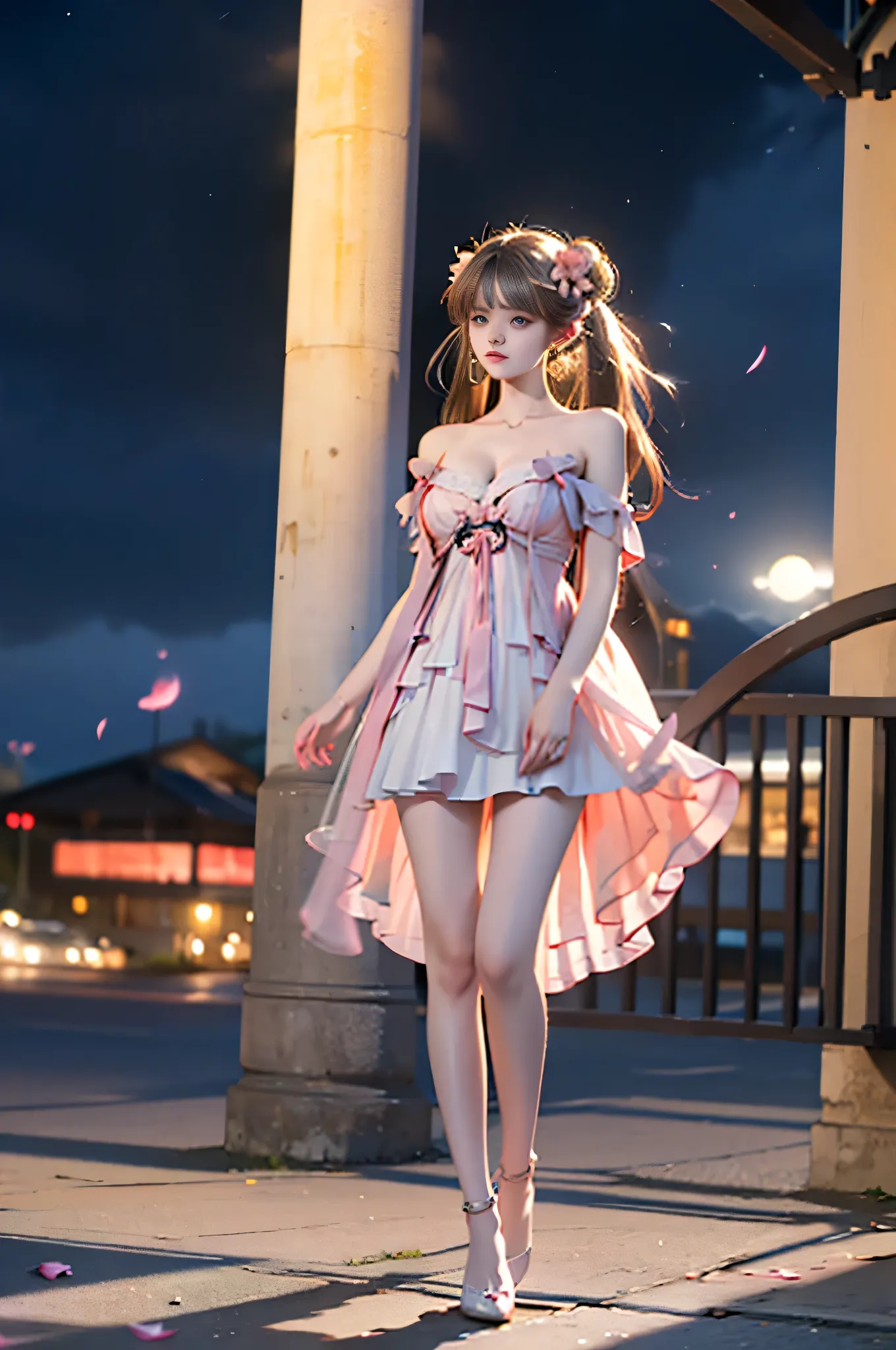 jinhsi,jinhsi \(peach blossom\) \(wuthering waves\),(clothes:peach blossom pink dress,alternate costume,bare shoulders:1.2),flower-shaped pupils,1girl,hair ornament,hair flower,twintails,bangs,jewelry,very long hair,, ,,((full body, from below)), (masterpi...
