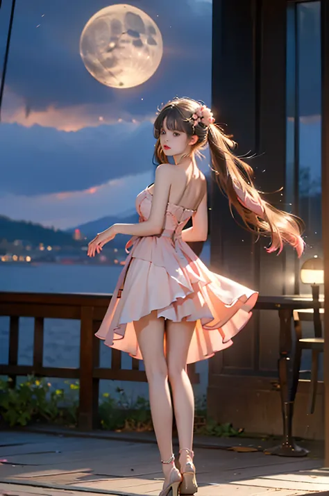 jinhsi,jinhsi \(peach blossom\) \(wuthering waves\),(clothes:peach blossom pink dress,alternate costume,bare shoulders:1.2),flower-shaped pupils,1girl,hair ornament,hair flower,twintails,bangs,jewelry,very long hair,, ,,((full body, from below)), (masterpi...