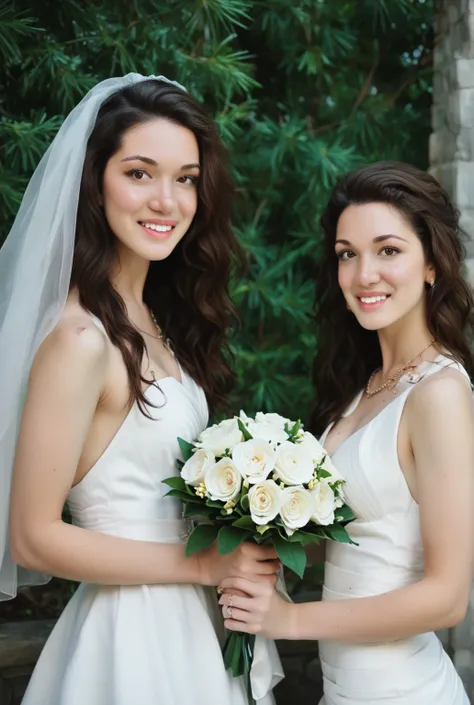 (masterpiece, best quality:1.3), (photorealistic), (realistic face), love_hazal, long wavy dark chestnut hair, hazel eyes with olive hue, almond eye shape, oval face, full lower lip, natural freckles, warm golden beige skin tone, B cup, wedding dress, holding bouquet
