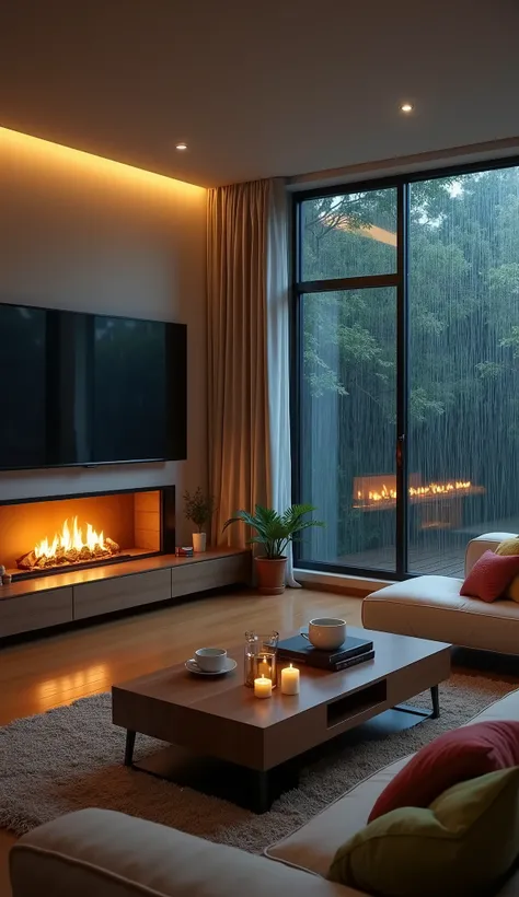A realistic, cozy modern living room in 9:16 vertical format. The room is warmly lit with soft lamps and ambient light. A large flat-screen TV is mounted on the wall, displaying a realistic fireplace animation with glowing flames and crackling wood. Outsid...