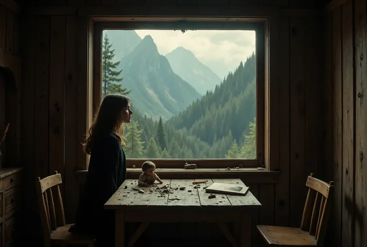 a woman who looks like Audrey Hepburn, she has long hair and is wearing dark clothes, in an old cabin in the Swiss mountains, looking sadly out the window at the forest and mountains on the wooden table is a shattered and crack porcelain doll, the type mad...