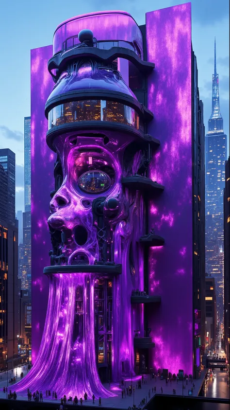 A skyscraper in modern-day New York City is made entirely out of a translucent quartz crystal. It is 200 feet tall and is cyberpunk hollowed out to make the structure in just one piece. Found far inside the earth, this quartz crystal point is an amethyst v...
