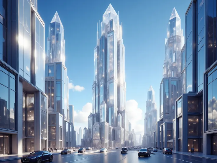 a 200 feet tall skyscraper in modern day New York city, made entirely out of translucent quartz crystal, hollowed out interior, 8K, ultra-detailed, photorealistic, HDR, studio lighting, physically-based rendering, vivid colors, sharp focus, professional ar...