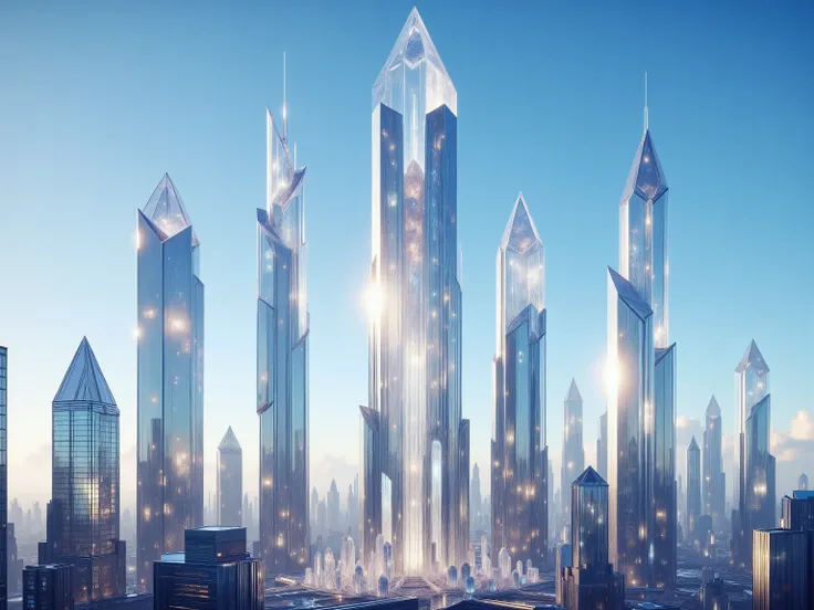 a 200 feet tall skyscraper in modern day New York city, made entirely out of translucent quartz crystal, hollowed out interior, 8K, ultra-detailed, photorealistic, HDR, studio lighting, physically-based rendering, vivid colors, sharp focus, professional ar...