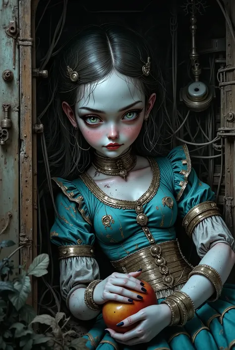 Cinematic shot, dark horror. A dusty old attic. A strange antique mechanical porcelain doll, covered with dust and cobwebs, is lying in a corner. A cracked face with delicate features is half-turned towards the viewer. (Large incredibly beautiful lemon-col...