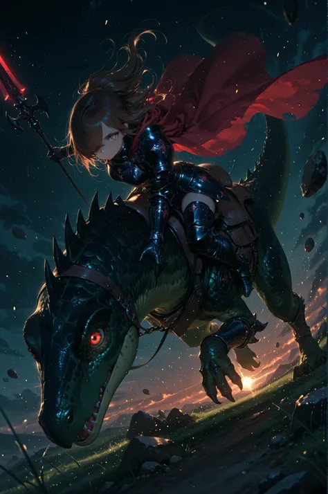 1woman,
solo, hyper-detailed beautiful eyes, cape, Intricate, hair_over_one_eye, white twisted hair:1.1, close mouth, shining armor, gauntlet, she holding spear,
armor boots, Fluttering Red Cape, BREAK
she riding dinosaur, Armored dinosaur, Reddish br...