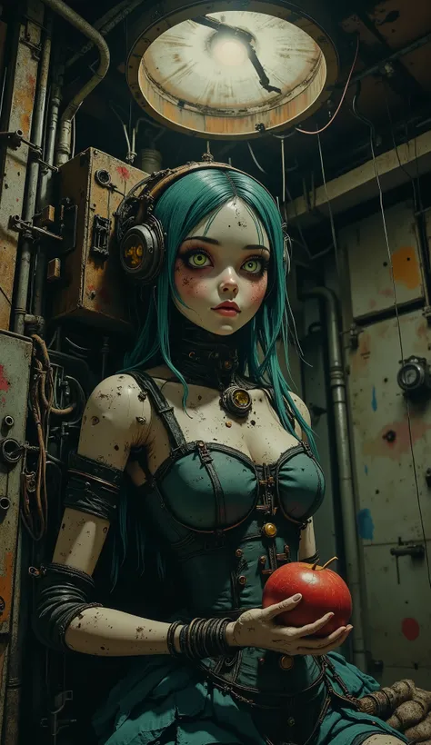 Cinematic shot, dark horror. A dusty old attic. A strange antique mechanical porcelain doll, covered with dust and cobwebs, is lying in a corner. A cracked face with delicate features is half-turned towards the viewer. (Large incredibly beautiful lemon-col...