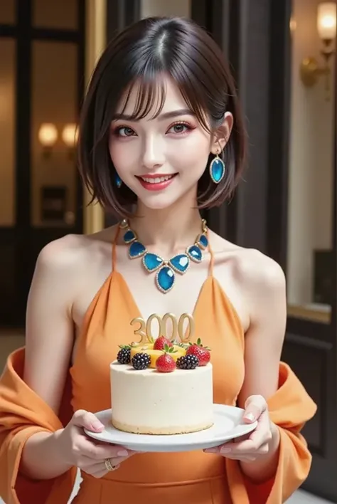 ((shot from above)), glamorous yet warm image, luxurious hotel entrance, Don't show people in the background,large hall rare cheesecake, ((On top of the cake「3000」The letters are decorated)), decorated with fruit and fresh cream, 1 woman holding a plate, (...