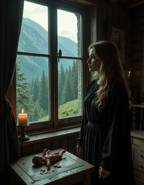 a woman who looks like Audrey Hepburn, she has long hair and is wearing dark clothes, in an old cabin in the Swiss mountains, looking sadly out the window at the forest and mountains on the wooden table is a shattered and crack porcelain doll, the type mad...