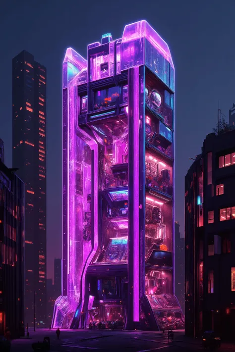 A cyberpunk synthwave skyscraper in modern-day New York City is made entirely out of a translucent quartz crystal. It is 200 feet tall and is cyberpunk neon pink, neon purple, laser hollowed out to make the structure in just one piece. Found far inside the...