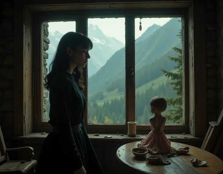 a woman who looks like Audrey Hepburn, she has long black hair and is wearing dark clothes, her skin is white and pale, she is skinny and delicate looking, in an old cabin in the Swiss mountains, looking sadly out the window at the forest and mountains on ...