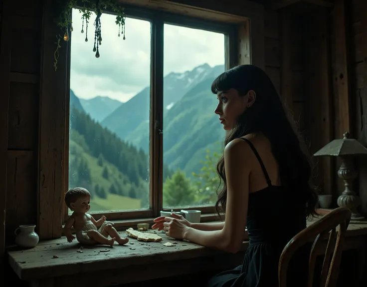 a woman who looks like Audrey Hepburn, she has long black hair and is wearing dark clothes, her skin is white and pale, she is skinny and delicate looking, in an old cabin in the Swiss mountains, looking sadly out the window at the forest and mountains on ...