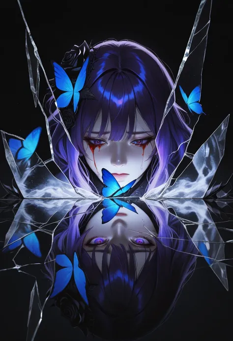 masterpiece, best quality, vibrant, very aesthetic, high contrast, semrealistic, newest,
1girl, purple hair, purple eyes, hair ornament,electricity, abstract, breaking, shattered, glass, broken glass, monochrome, spot color, blue and black theme, dark, sad, gothic, black rose, thistles and thorns, flora, black and thick liquid, fog, blue butterfly, underlighting, strong visual impact, film lighting, (different reflection, reflection, glass shards:1.2), An ethereal sketch using lineart techniques and wet on wet painting, shatter across face, blood from eyes, tomoe \(symbol\),detailed, time paradox, multiple views, black background, photo \(medium\), simple background, blue hair, kimono,