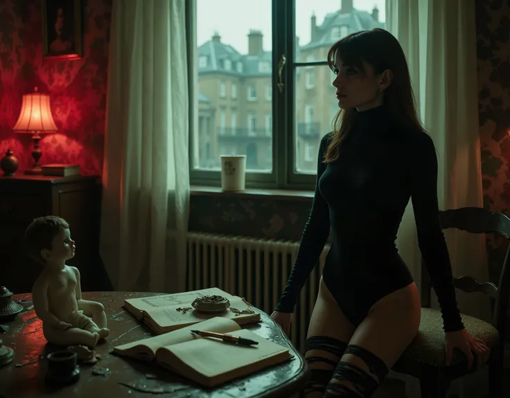 a woman who looks like Audrey Hepburn, she has long black hair and is wearing dark clothes, her skin is white and pale, she is skinny and delicate looking, in a drab shabby flat in old London, looking sadly out the window at the rain and city, she is weari...