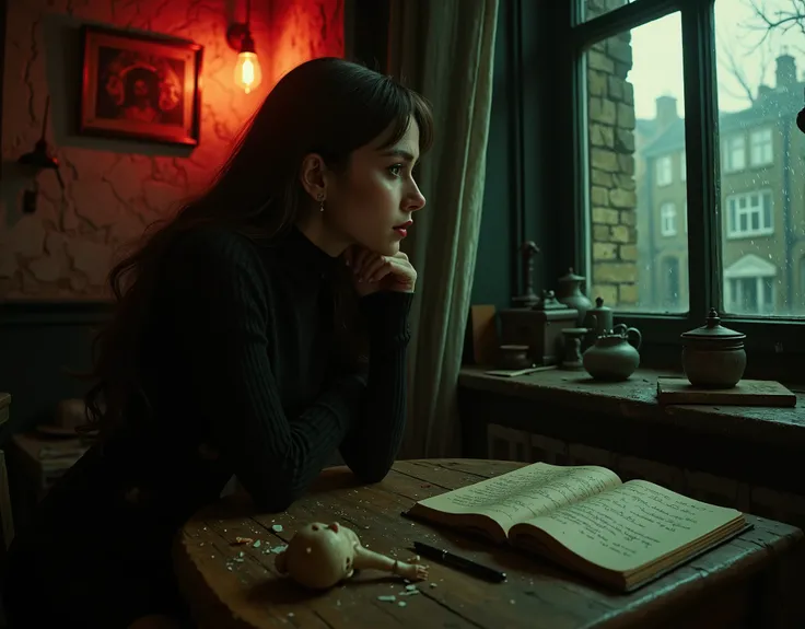 a woman who looks like Audrey Hepburn, she has long black hair and is wearing dark clothes, her skin is white and pale, she is skinny and delicate looking, in a drab shabby flat in old London, looking sadly out the window at the rain and city, she is weari...