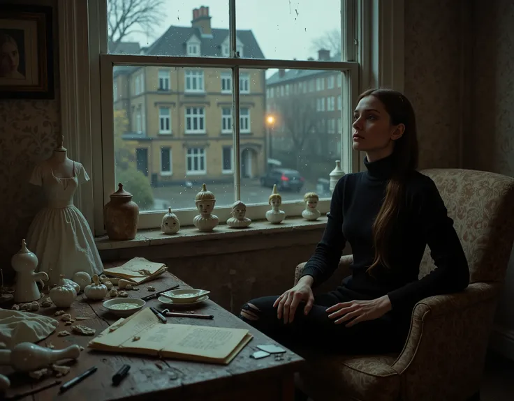 a woman who looks like Audrey Hepburn, she has long black hair and is wearing dark clothes, her skin is white and pale, she is skinny and delicate looking, in a drab shabby flat in old London, looking sadly out the window at the rain and city, she is weari...