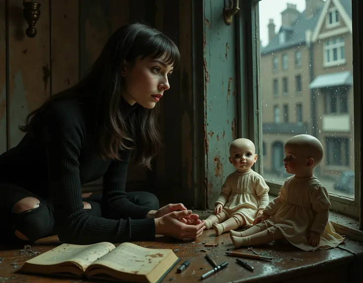 a woman who looks like Audrey Hepburn, she has long black hair and is wearing dark clothes, her skin is white and pale, she is skinny and delicate looking, in a drab shabby flat in old London, looking sadly out the window at the rain and city, she is weari...
