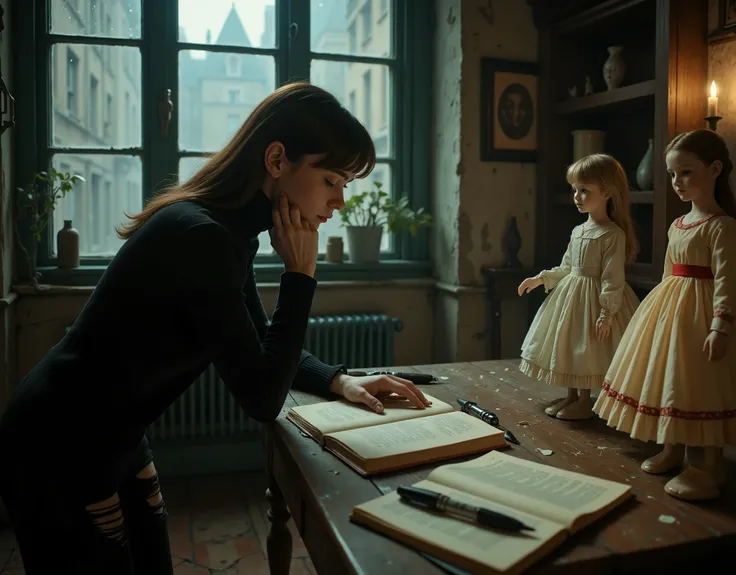 a woman who looks like Audrey Hepburn, she has long black hair and is wearing dark clothes, her skin is white and pale, she is skinny and delicate looking, in a drab shabby flat in old London, looking sadly out the window at the rain and city, she is weari...