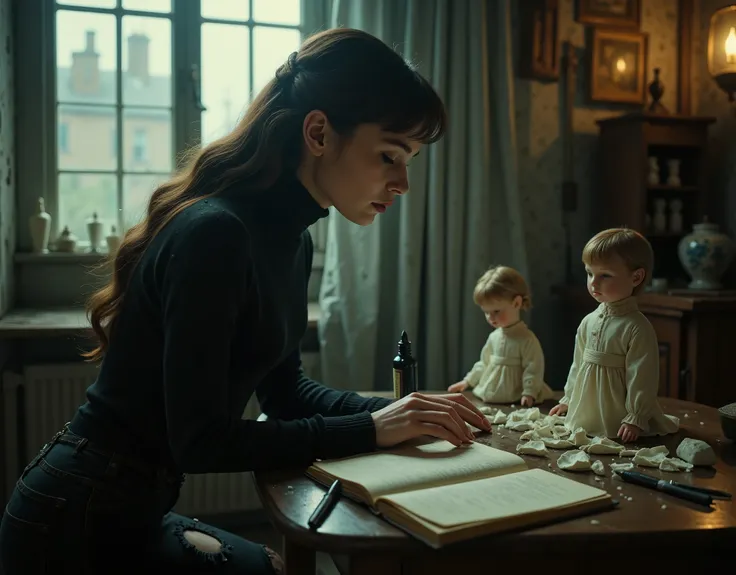a woman who looks like Audrey Hepburn, she has long black hair and is wearing dark clothes, her skin is white and pale, she is skinny and delicate looking, in a drab shabby flat in old London, looking sadly out the window at the rain and city, she is weari...