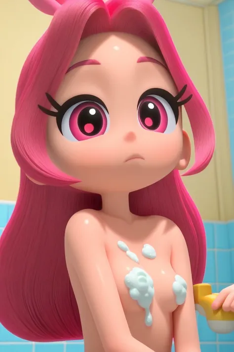 Red_Ruby, 1 girl, youngkid, medium chest, fair skin, pink eyes, pink hair, front angle, naked, in the bathroom, bathfoam