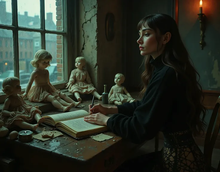 a woman who looks like Audrey Hepburn, she has long black hair and is wearing dark clothes, her skin is white and pale, she is skinny and delicate looking, in a drab shabby flat in old London, looking sadly out the window at the rain and city, she is weari...
