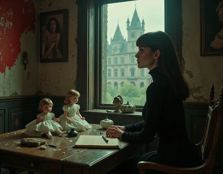 a woman who looks like Audrey Hepburn, she has long black hair and is wearing dark clothes, her skin is white and pale, she is skinny and delicate looking, in a drab shabby flat in old London, looking sadly out the window at the rain and city, she is weari...