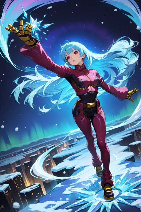 handfixer,screencap, kula diamond, red eyes, blue hair, blunt bangs, long hair,armored gloves, chaps, zipper, belt, cropped jacket, leather jacket, pink jacket, pink bodysuit, multicolored jacket, multicolored bodysuit,Diamond Kula from The King of Fighter...